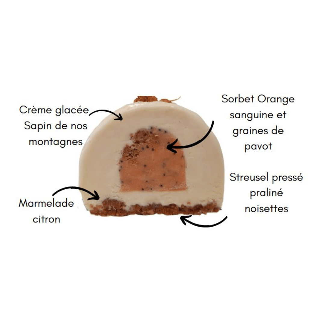 Détail parfums buche glacée sapin orange sanguine Détail parfums buche glacée artisanale sapin orange sanguine